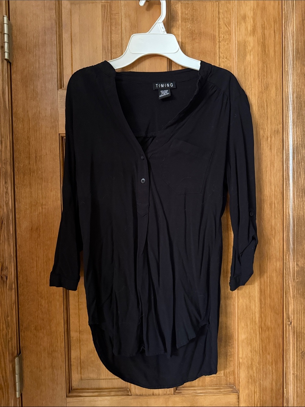 TIMING Black Button-Front V-Neck Roll-Sleeve Shirt